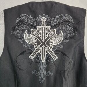 Lamasini Large Black Rhinestone Axe Sword Vest Gothic Biker Edgy Western Rock